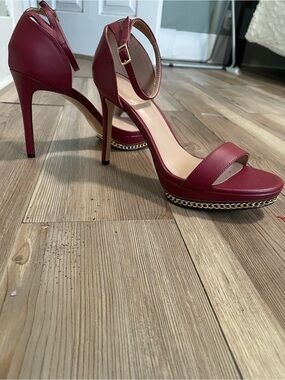 BCBGeneration Wine Red High Heel Ankle-Strap Sandals with Chain Trim